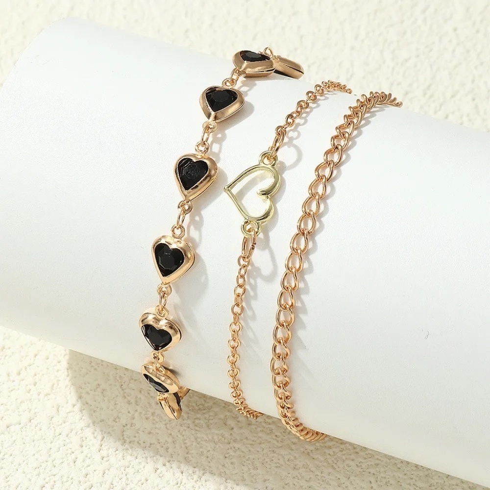 Taja 3-Pc Gold X Black Heart Chain Fashion Anklet Set 16$
